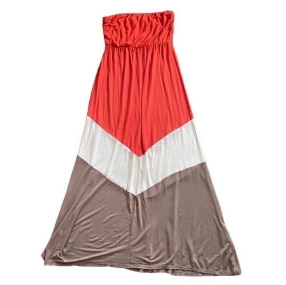 Love Culture Orange & Tan Chevron Color Block Strapless Maxi Summer Dress Medium - Picture 7 of 10